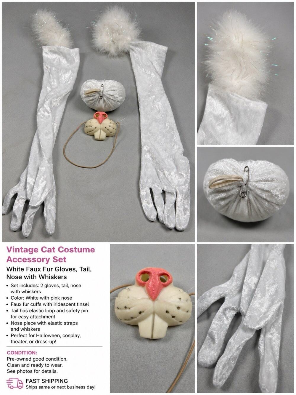 Vintage Cat Costume Accessory Set Gloves Tail Nose Adult White Faux Fur